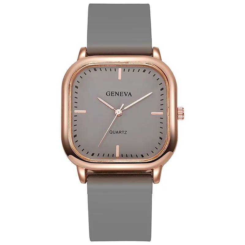Women's square dial quartz watch with rose gold finish, 30mm alloy case, and green plastic strap