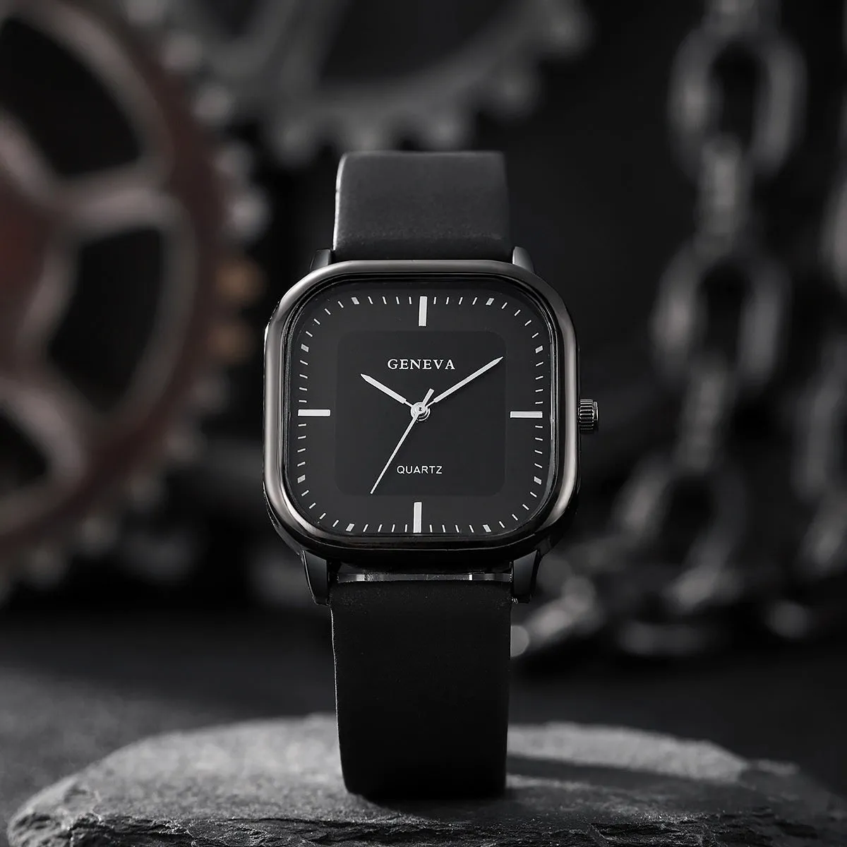 Women's square dial quartz watch with rose gold finish, 30mm alloy case, and green plastic strap
