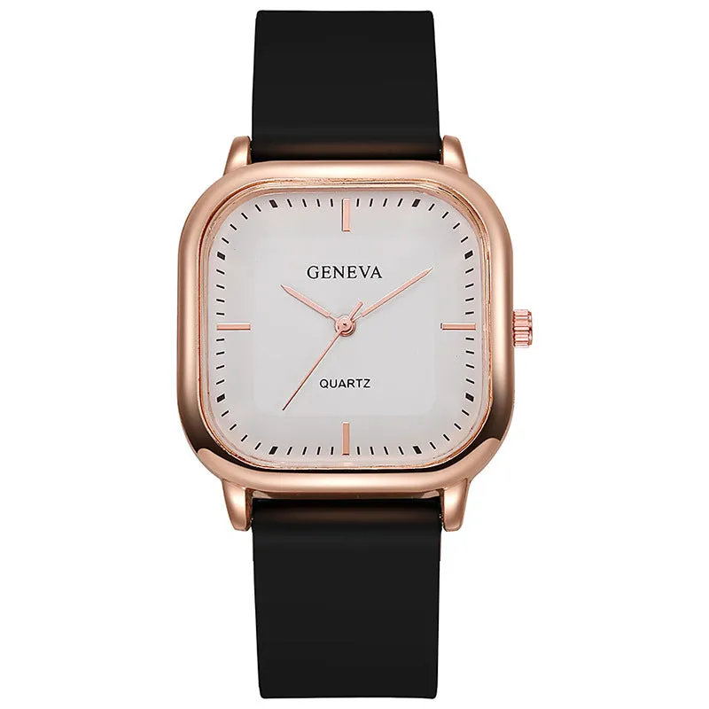 Women's square dial quartz watch with rose gold finish, 30mm alloy case, and green plastic strap