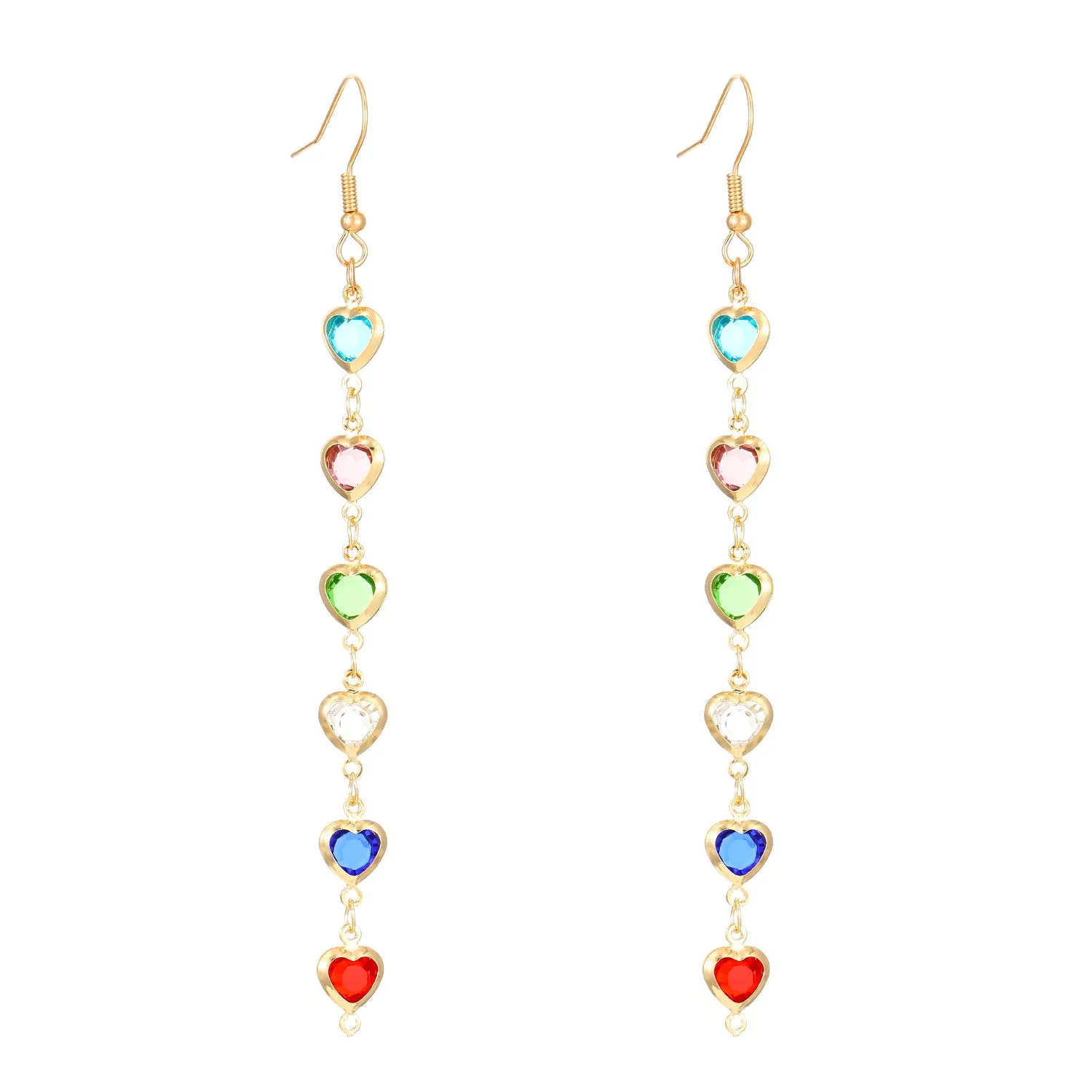 Women's colourful water drop tassel earrings in gold-tone electroplated copper on a plain background