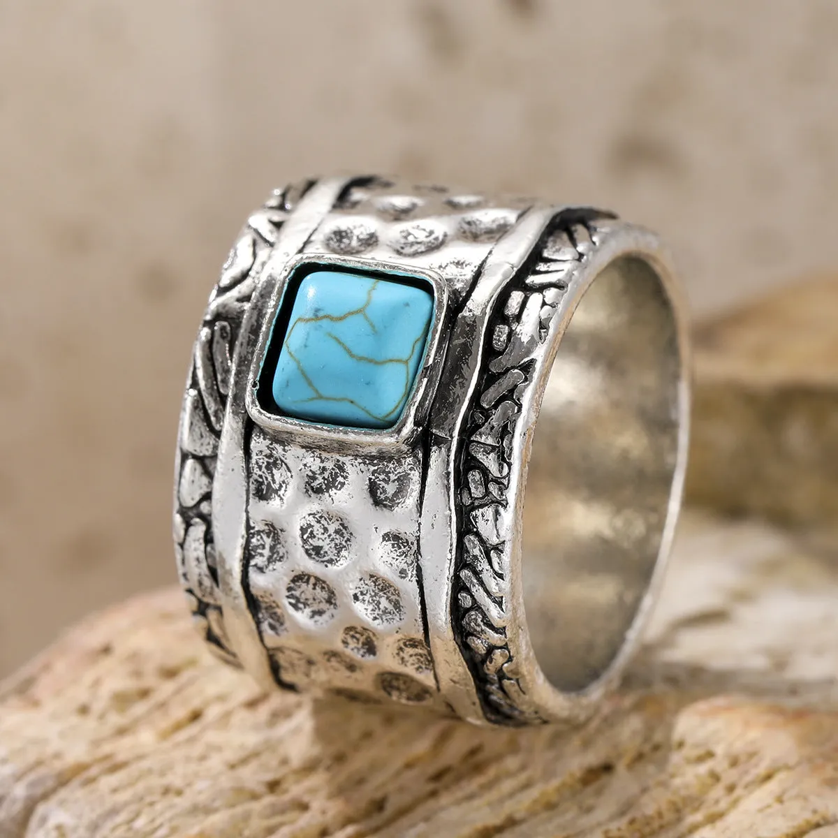 Turquoise bohemian ring for women in silver zinc alloy electroplated finish