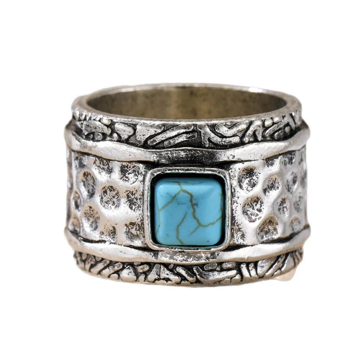 Turquoise bohemian ring for women in silver zinc alloy electroplated finish