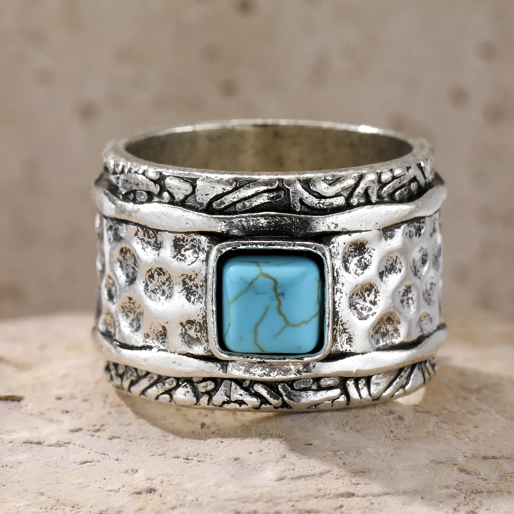 Turquoise bohemian ring for women in silver zinc alloy electroplated finish