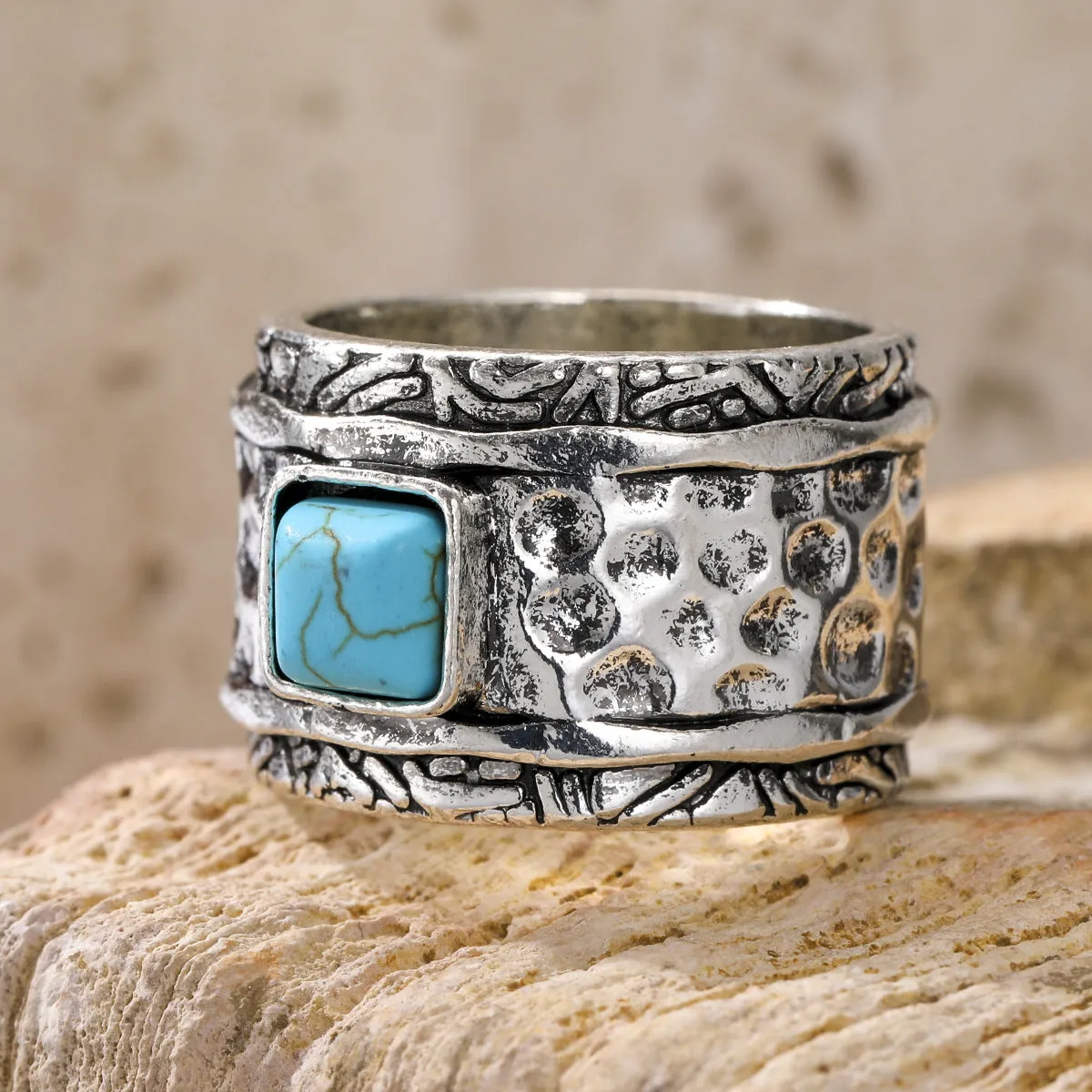 Turquoise bohemian ring for women in silver zinc alloy electroplated finish