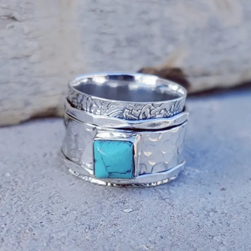 Turquoise bohemian ring for women in silver zinc alloy electroplated finish