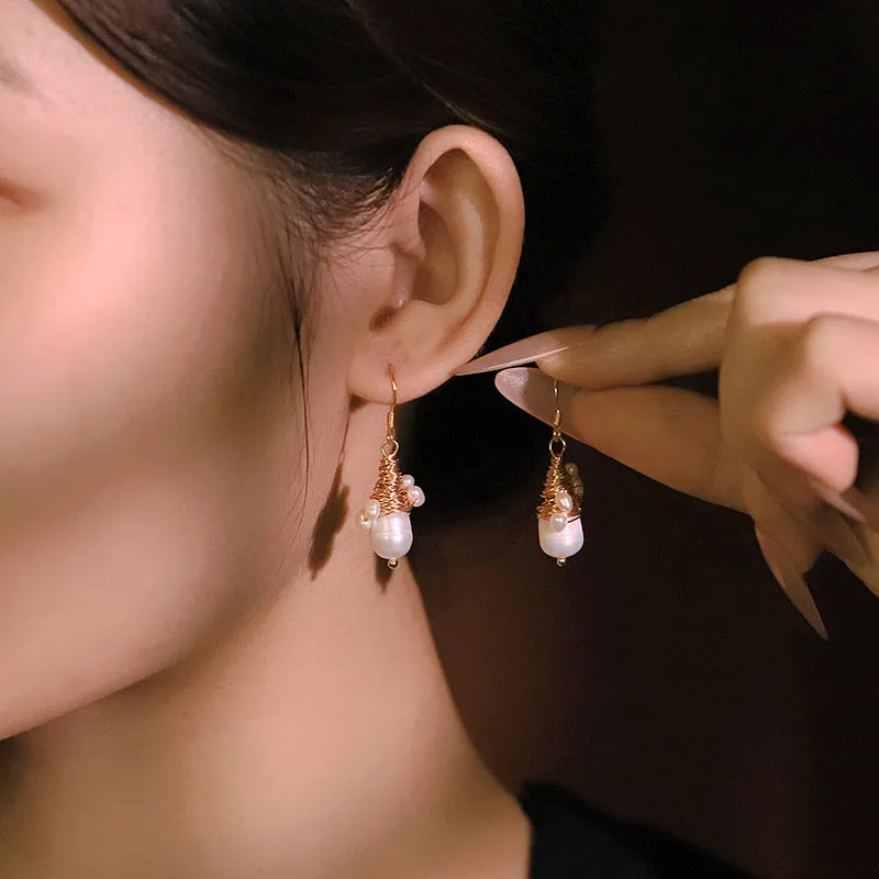 Natural pearl embellished wire-wrapped earrings handmade geometric round white for women