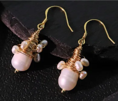 Natural pearl embellished wire-wrapped earrings handmade geometric round white for women