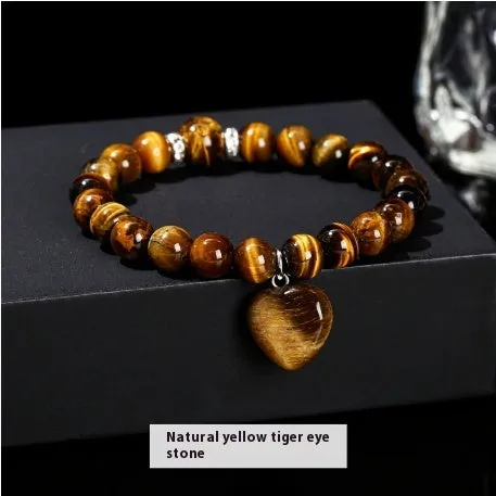Handmade geometric crystal love pendant bracelet with natural tiger's eye, aventurine, and white jade beads