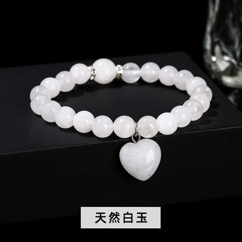 Handmade geometric crystal love pendant bracelet with natural tiger's eye, aventurine, and white jade beads