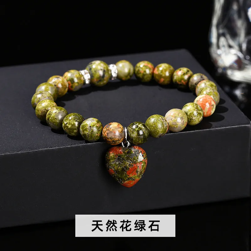 Handmade geometric crystal love pendant bracelet with natural tiger's eye, aventurine, and white jade beads