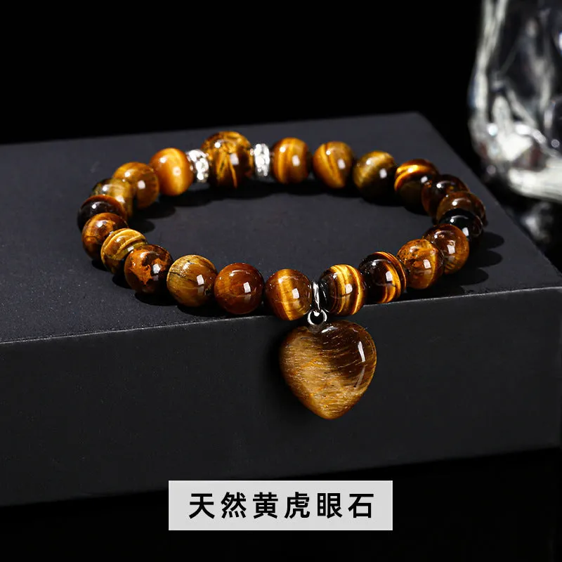 Handmade geometric crystal love pendant bracelet with natural tiger's eye, aventurine, and white jade beads