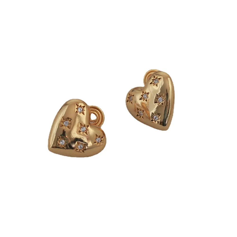 Light luxury 3D high-end copper heart earrings for women, electroplated finish, silver stud or clip style