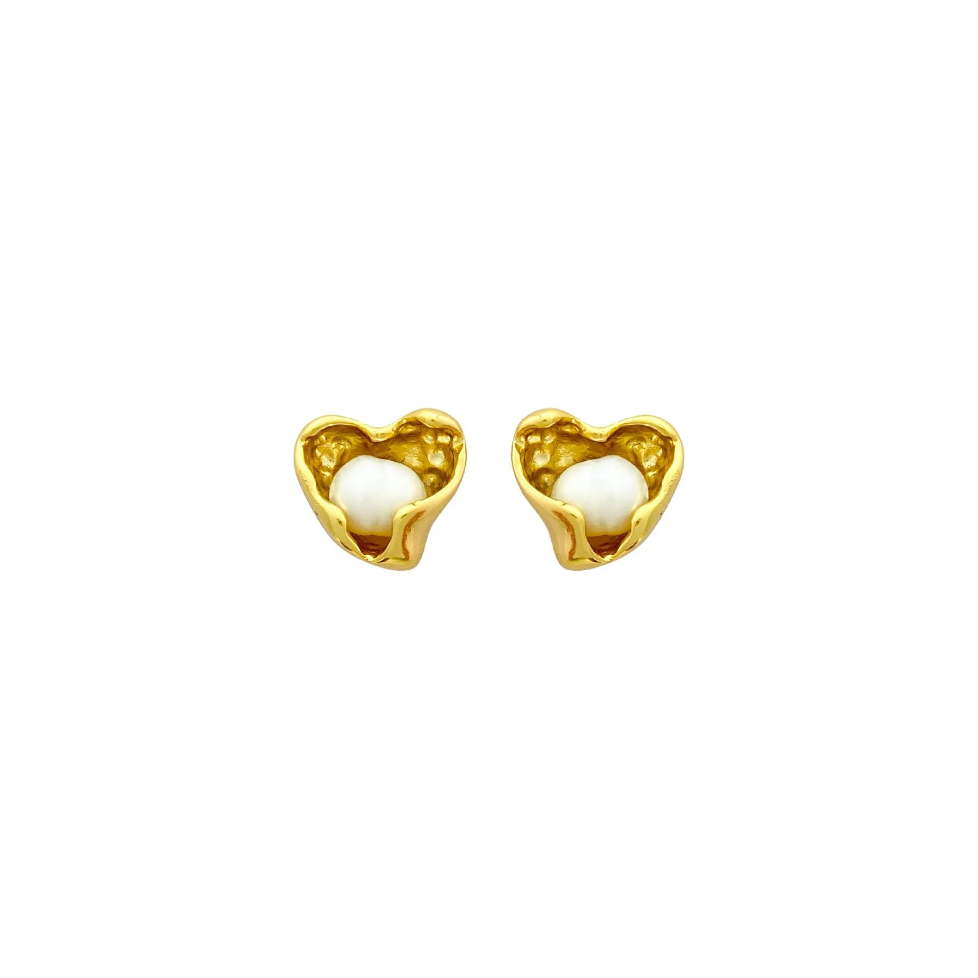 Pair of copper heart shaped irregular pearl earrings with electroplating finish on white background