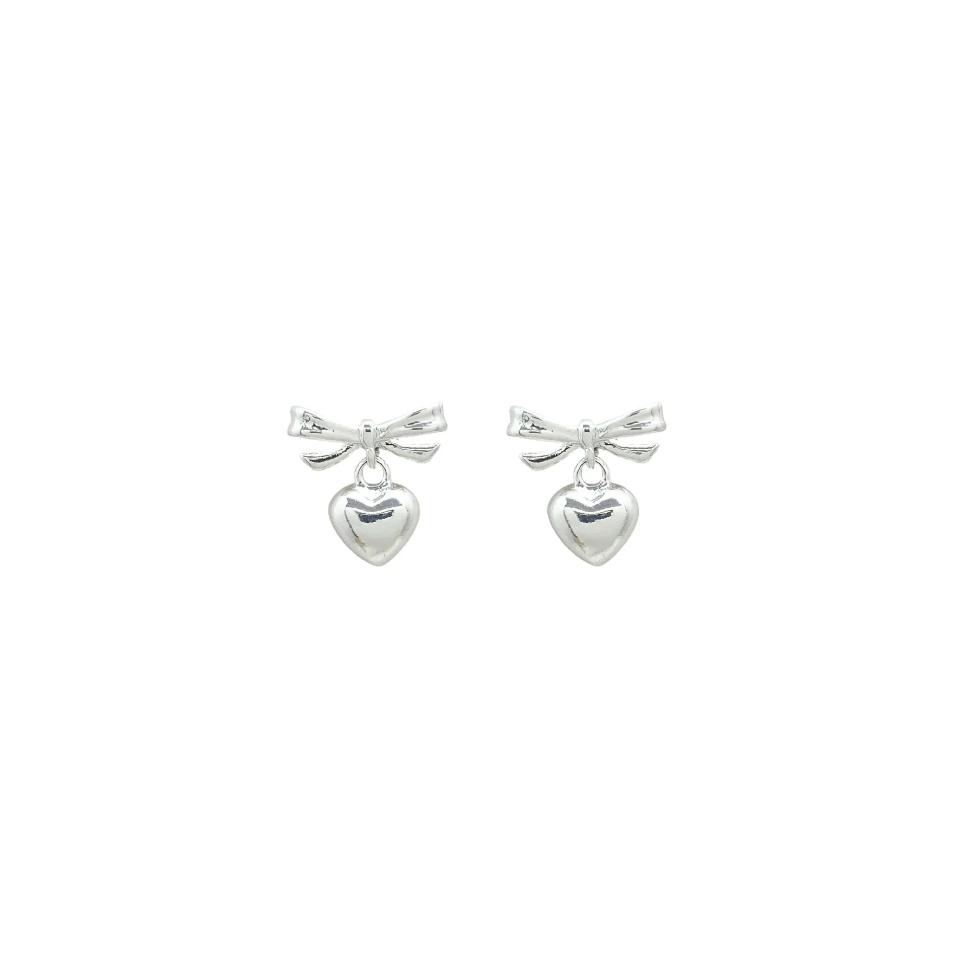 Thick silver-plated copper earrings with heart and bow design, light luxury style for women