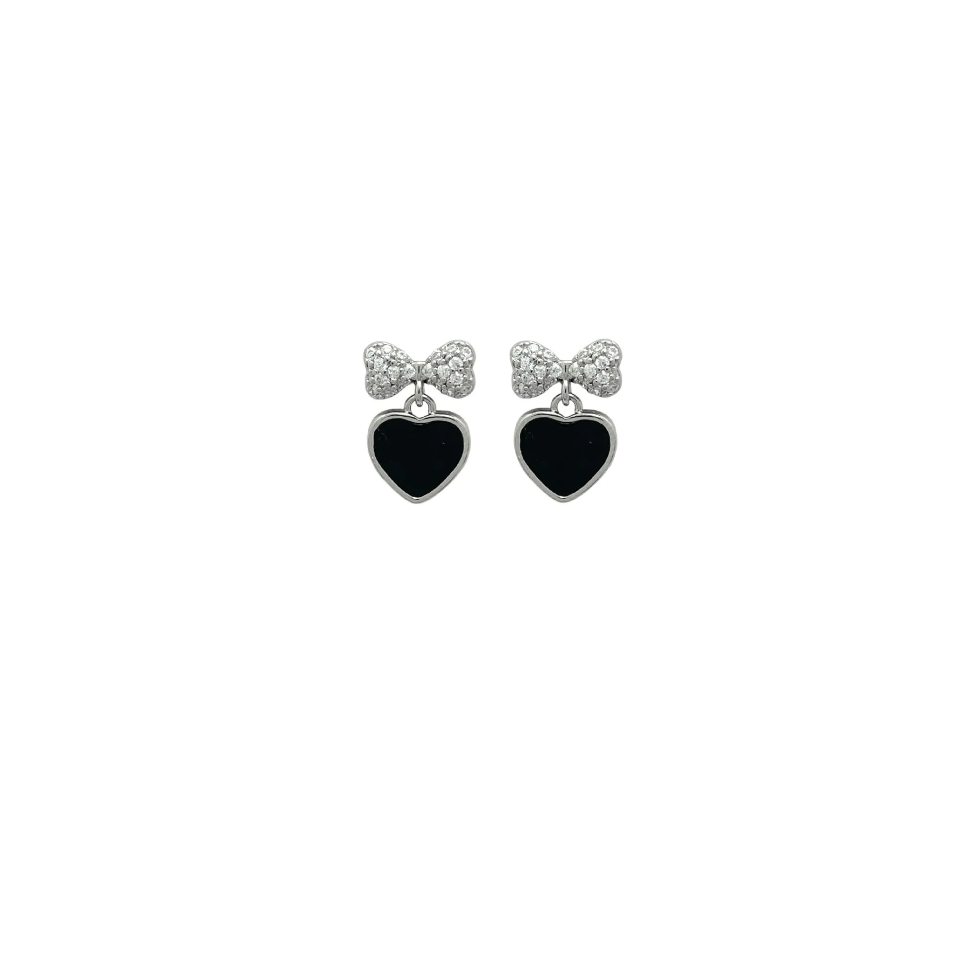 Pair of women's copper earrings, one heart-shaped and one bow-shaped, with micro-set zircon stones, ear clip and ear stud options