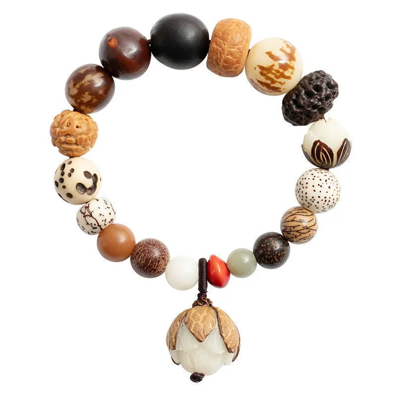 Handmade brown bodhi seed beads bracelet with 18 beads, shown on a wrist.
