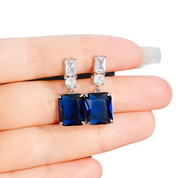 Blue contrast zircon earrings copper geometric sweet style unisex