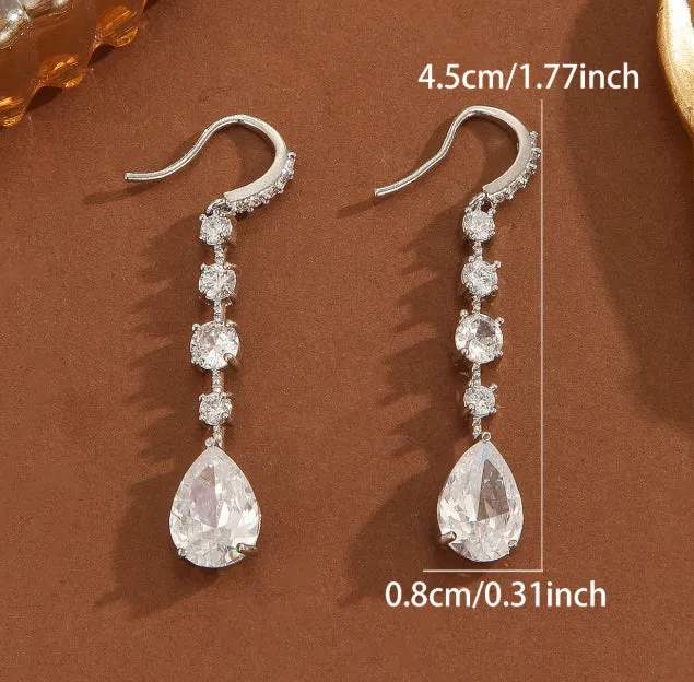 Silver white zircon pear-shaped drop high-carbon earrings on copper base for women