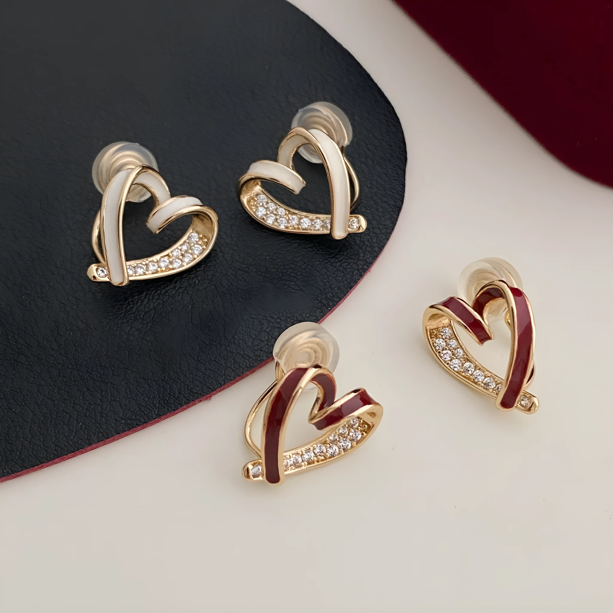 Micro-set zircon asymmetric heart earrings for women, copper base, white colour, ear clip style