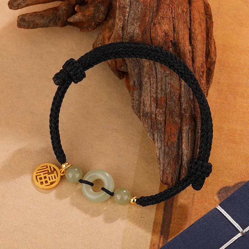 Hetian jade peace buckle bracelet with geometric silver clasp in black or wine red