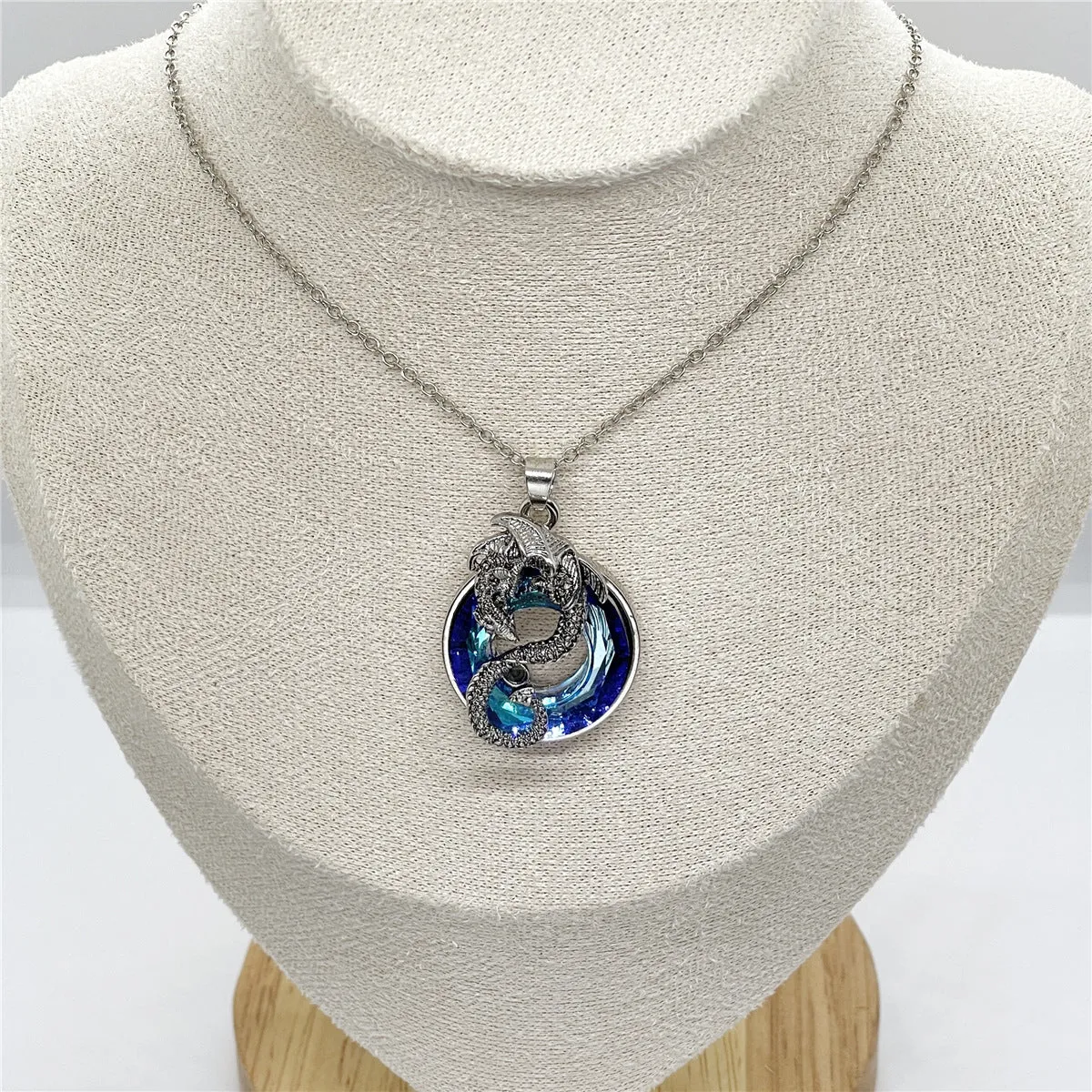Hollow crystal ring flying dragon alloy necklace and earrings set with O-ring chain