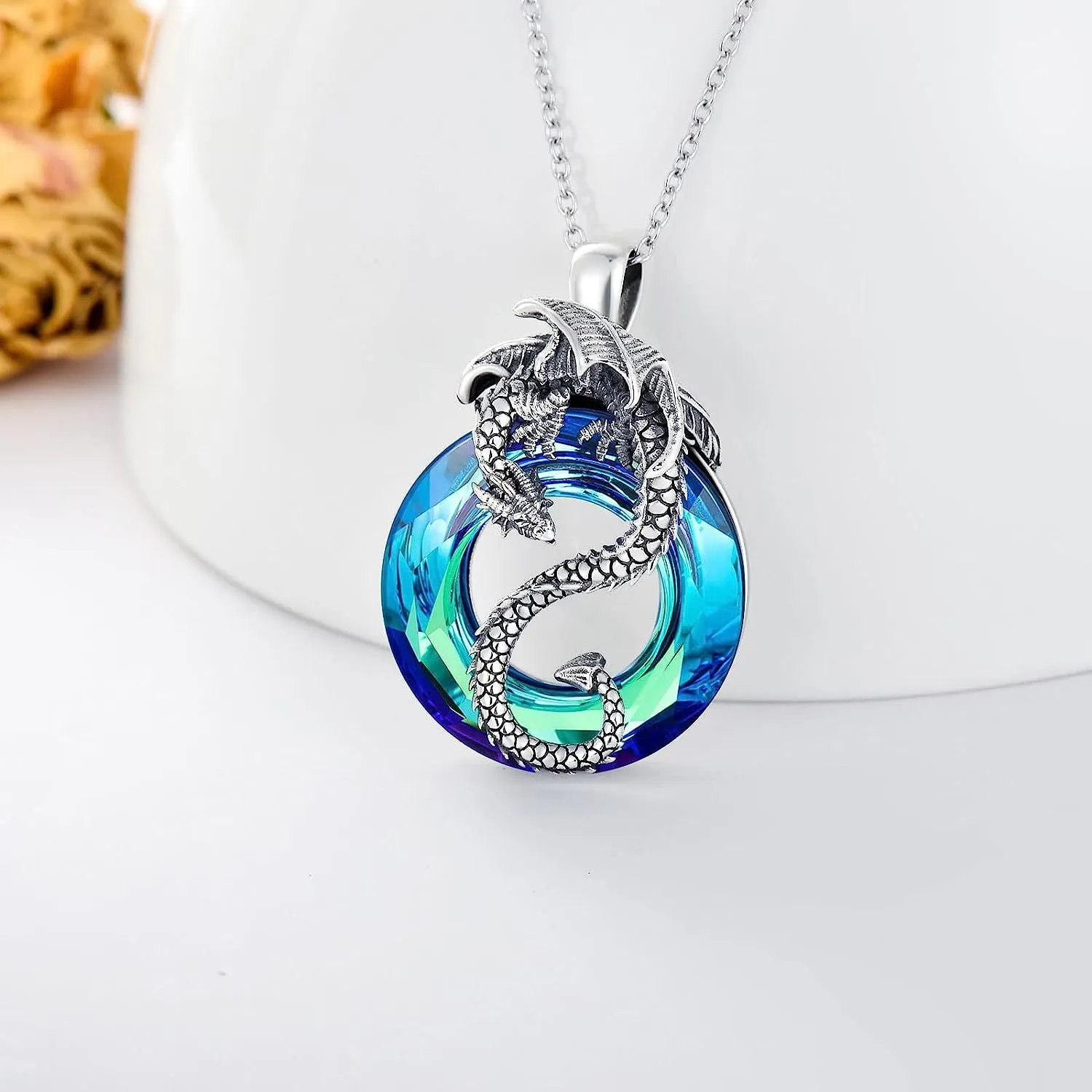 Hollow crystal ring flying dragon alloy necklace and earrings set with O-ring chain