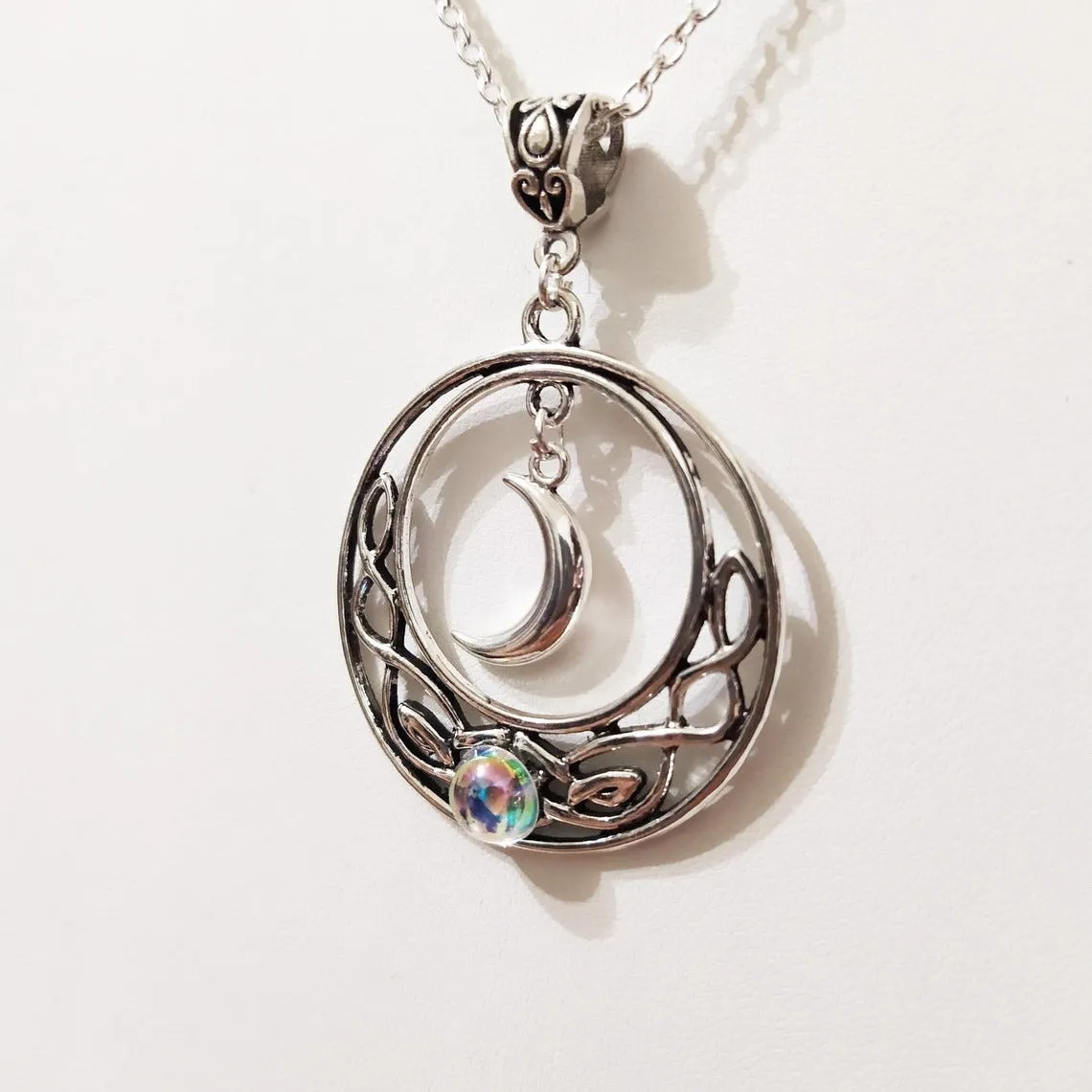 Infinite Love Celtic necklace with moon glass pendant on alloy cross chain, colour AQ 3073, for women fashion OL style