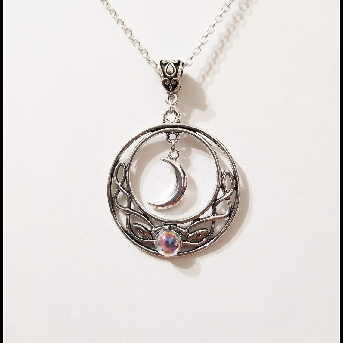 Infinite Love Celtic necklace with moon glass pendant on alloy cross chain, colour AQ 3073, for women fashion OL style