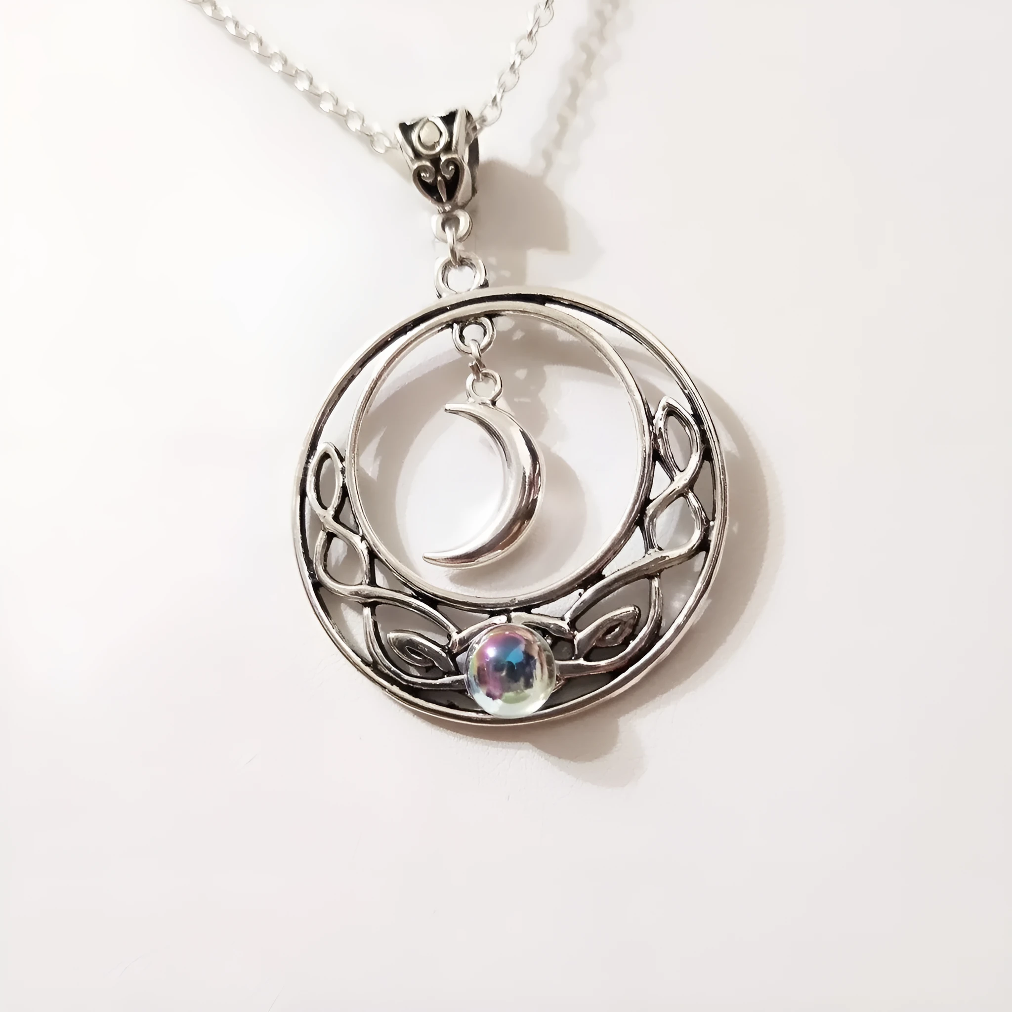 Infinite Love Celtic necklace with moon glass pendant on alloy cross chain, colour AQ 3073, for women fashion OL style