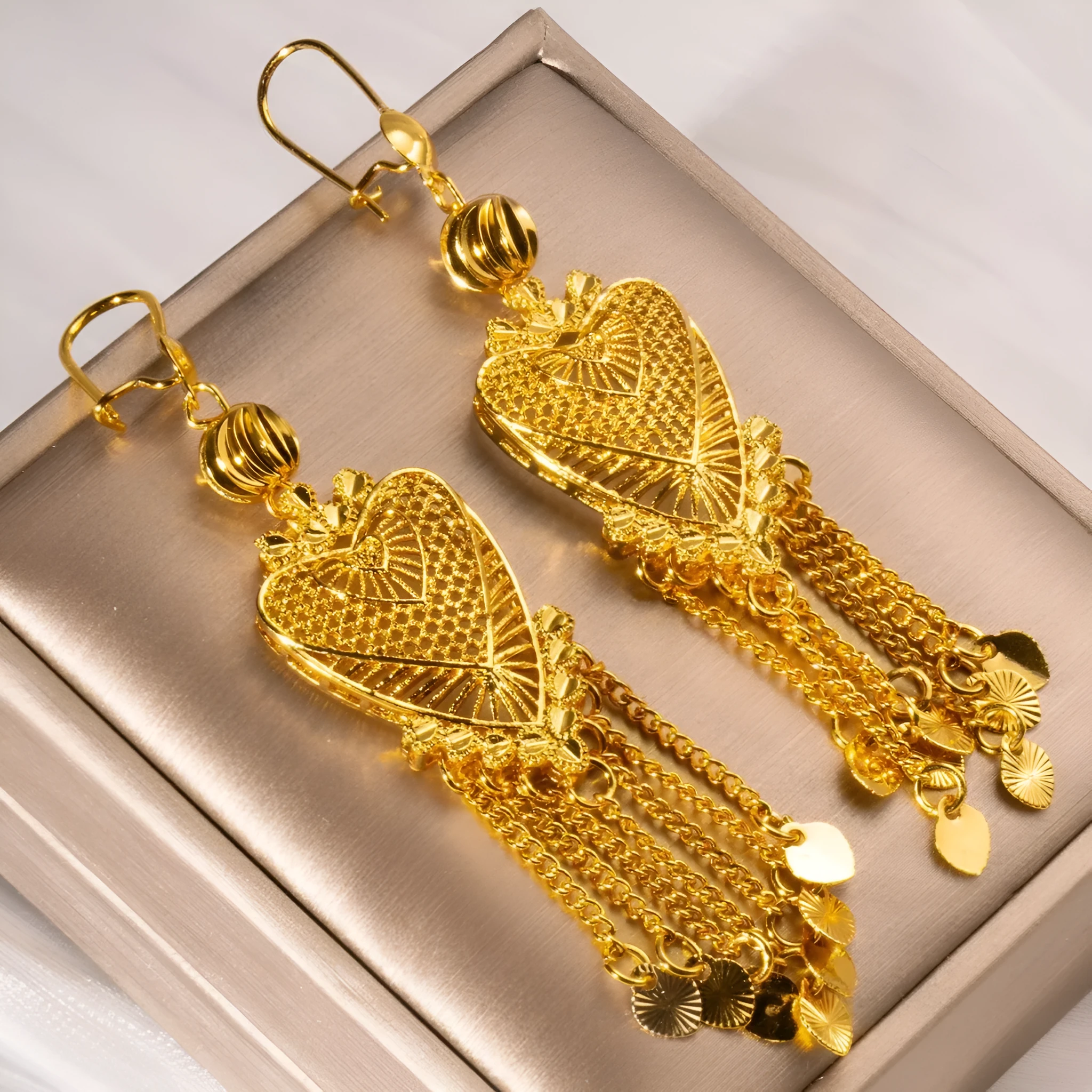 Golden hollow heart tassel long drop copper earrings for women retro OL style