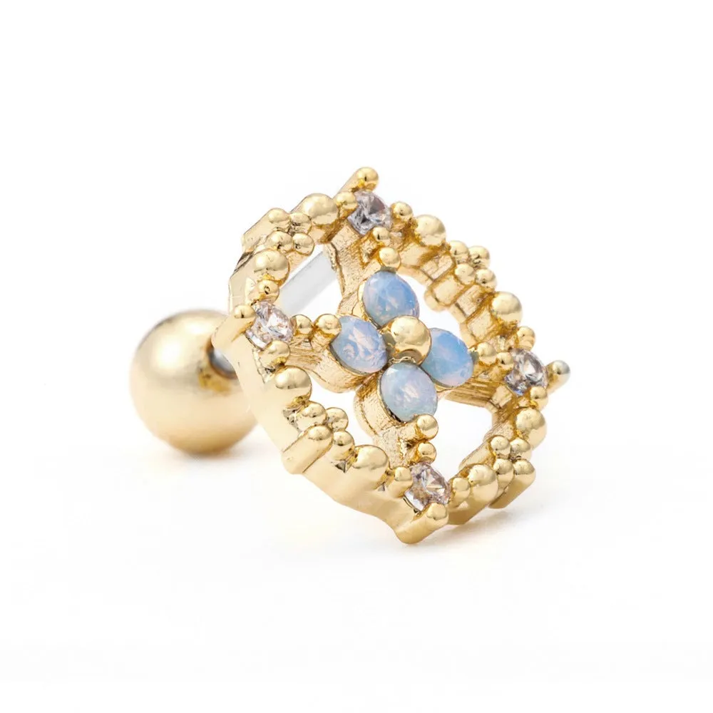 Korean-style tassel flower screw ball ear cartilage piercing stud in brass with gold finish, showing floral shape and petal details