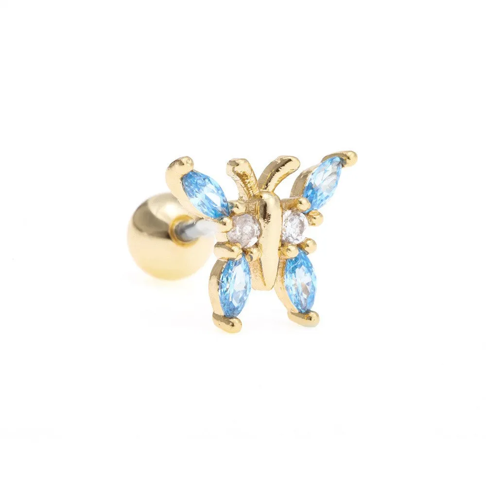 Korean-style tassel flower screw ball ear cartilage piercing stud in brass with gold finish, showing floral shape and petal details