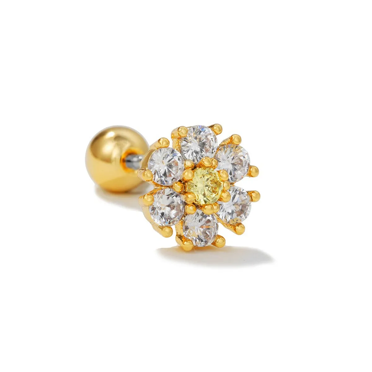 Korean-style tassel flower screw ball ear cartilage piercing stud in brass with gold finish, showing floral shape and petal details