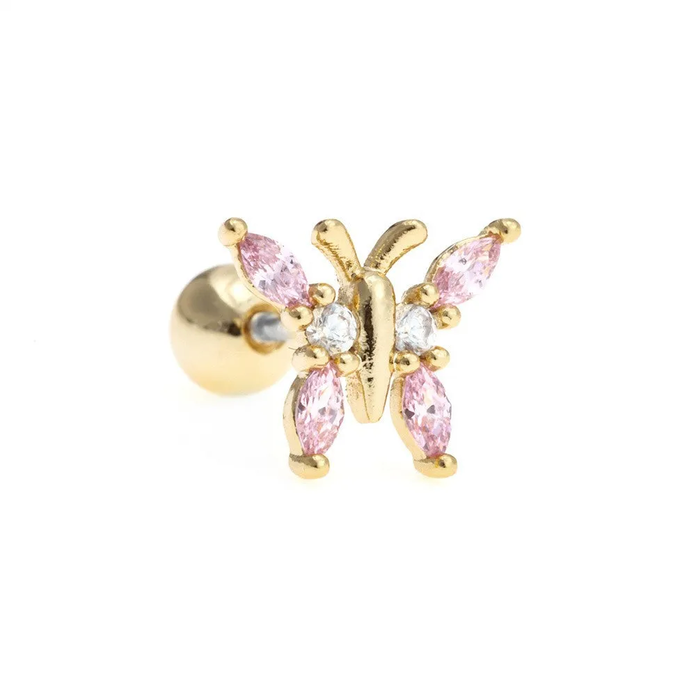 Korean-style tassel flower screw ball ear cartilage piercing stud in brass with gold finish, showing floral shape and petal details
