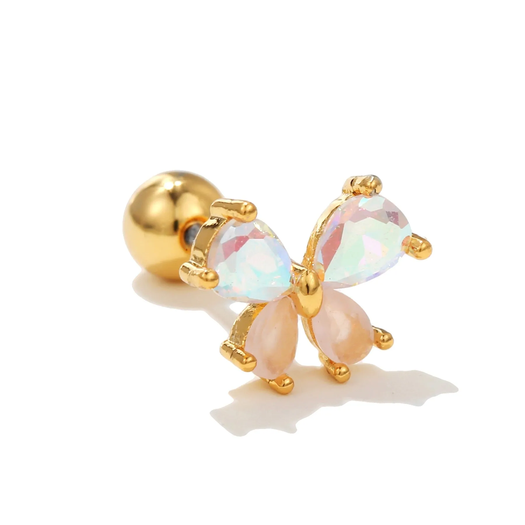 Korean-style tassel flower screw ball ear cartilage piercing stud in brass with gold finish, showing floral shape and petal details