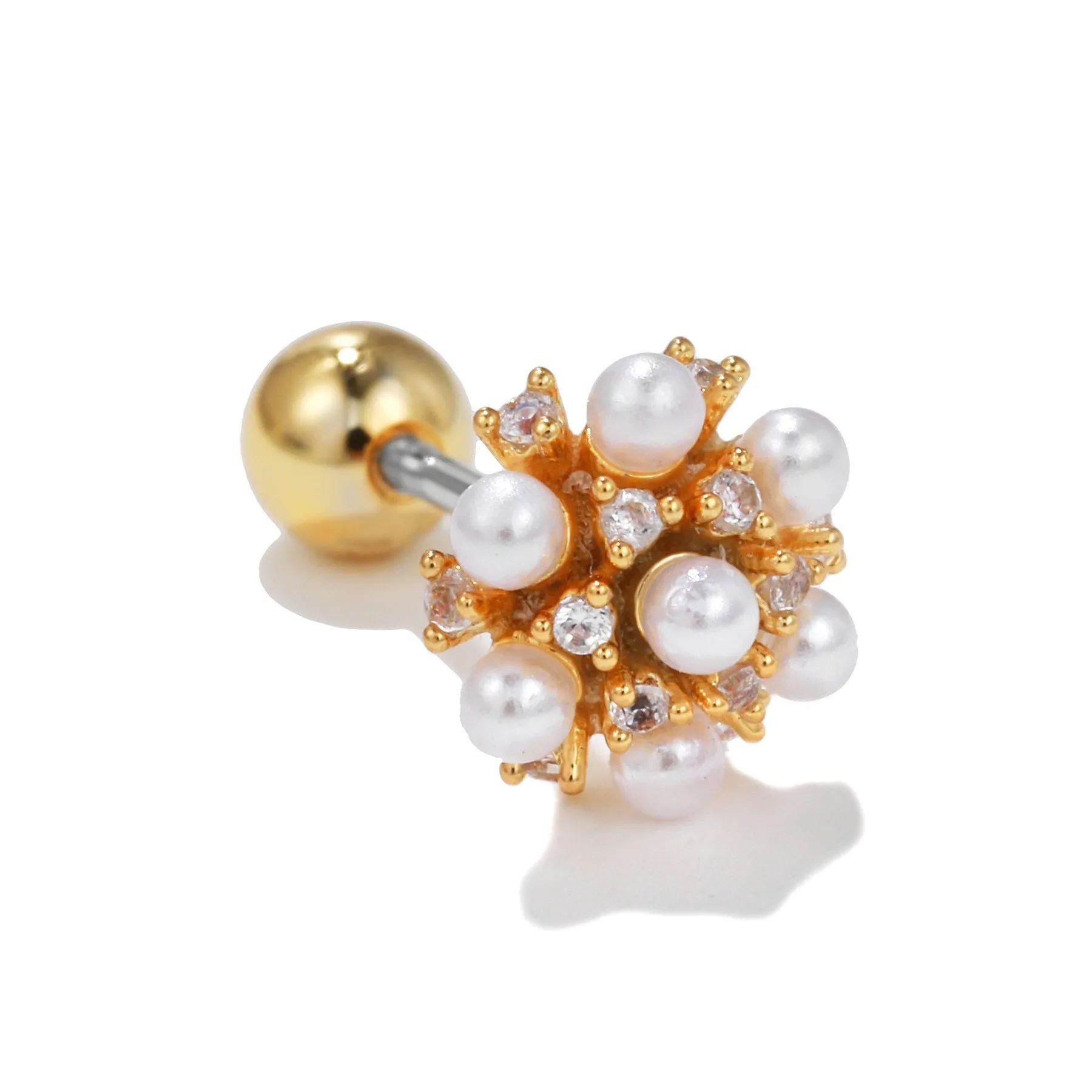 Korean-style tassel flower screw ball ear cartilage piercing stud in brass with gold finish, showing floral shape and petal details