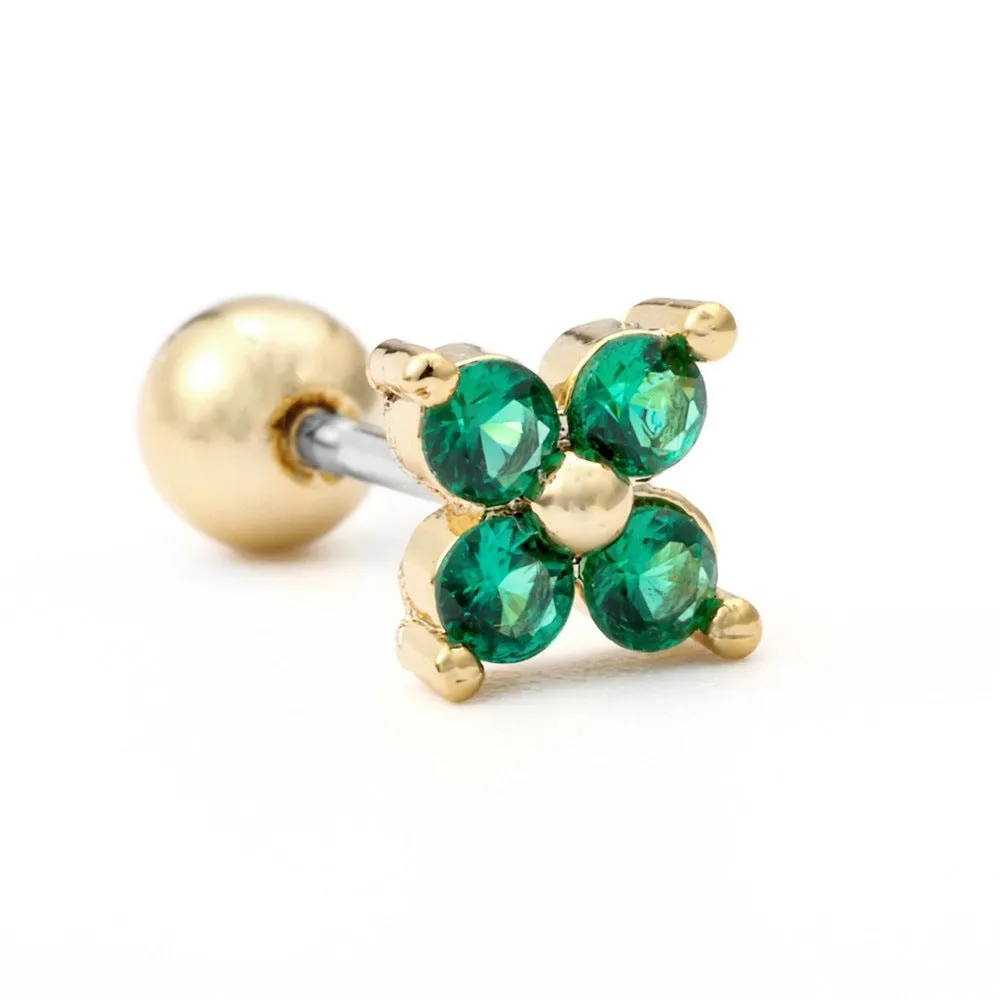 Korean-style tassel flower screw ball ear cartilage piercing stud in brass with gold finish, showing floral shape and petal details