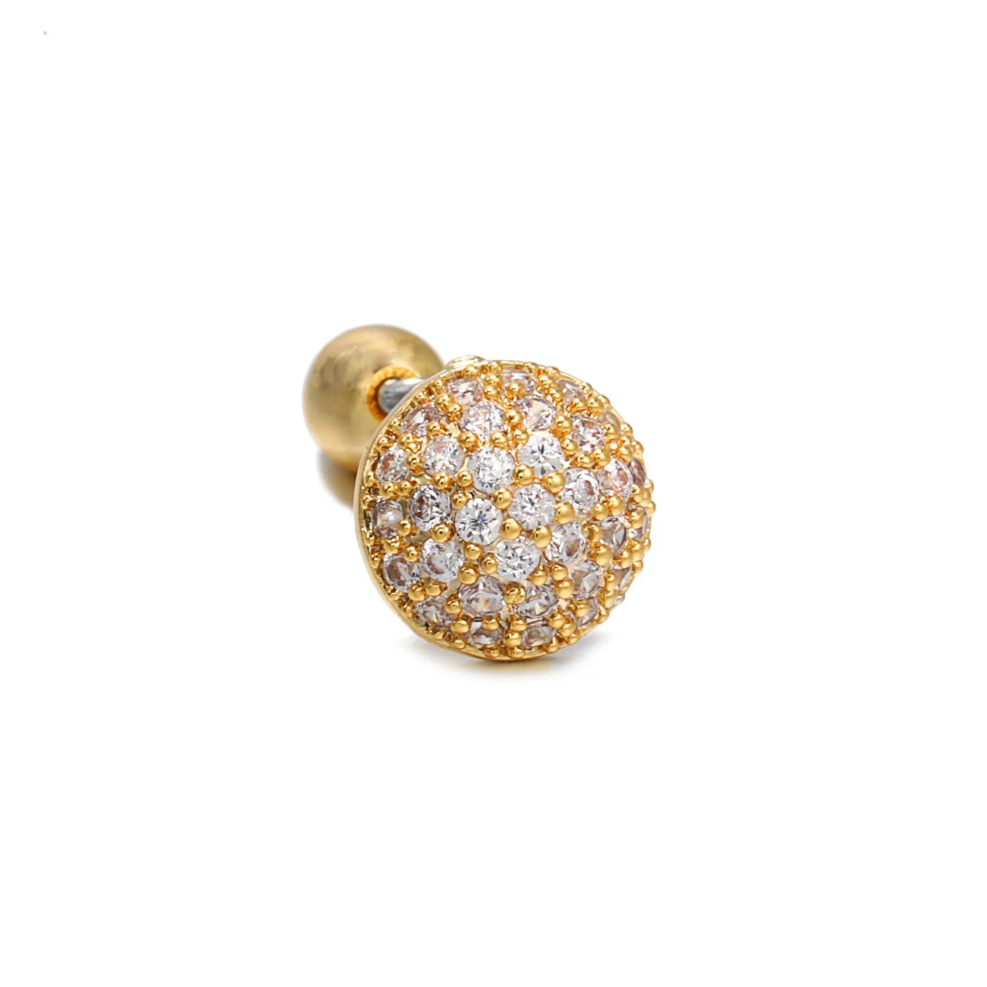 Korean-style tassel flower screw ball ear cartilage piercing stud in brass with gold finish, showing floral shape and petal details