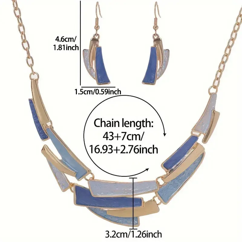 Blue zinc alloy quadrilateral pendant necklace and matching earrings set on display with twist link chain