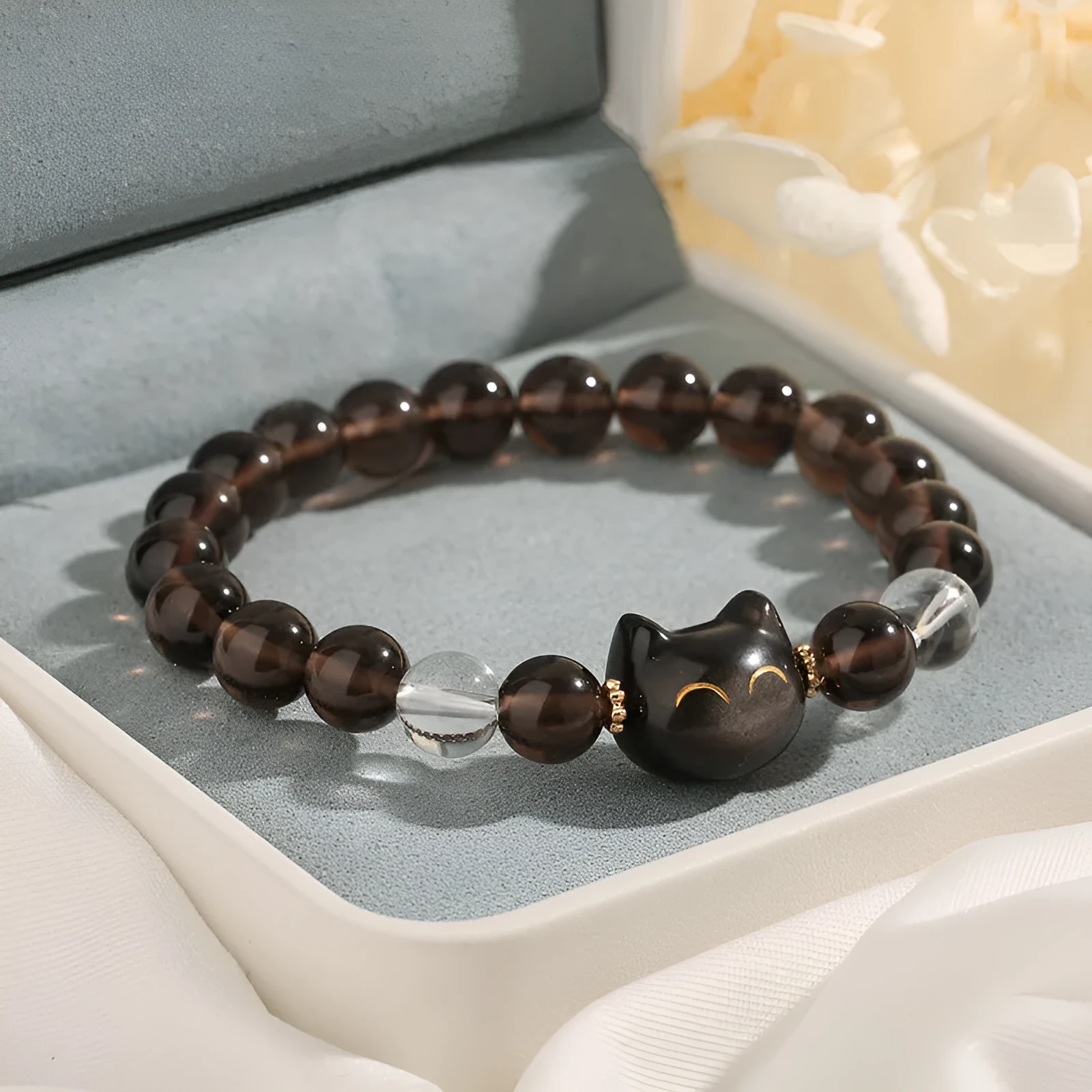 Women's silver-tone cat head bracelet with 8mm ice stone opal and natural silver stone charms on adjustable band