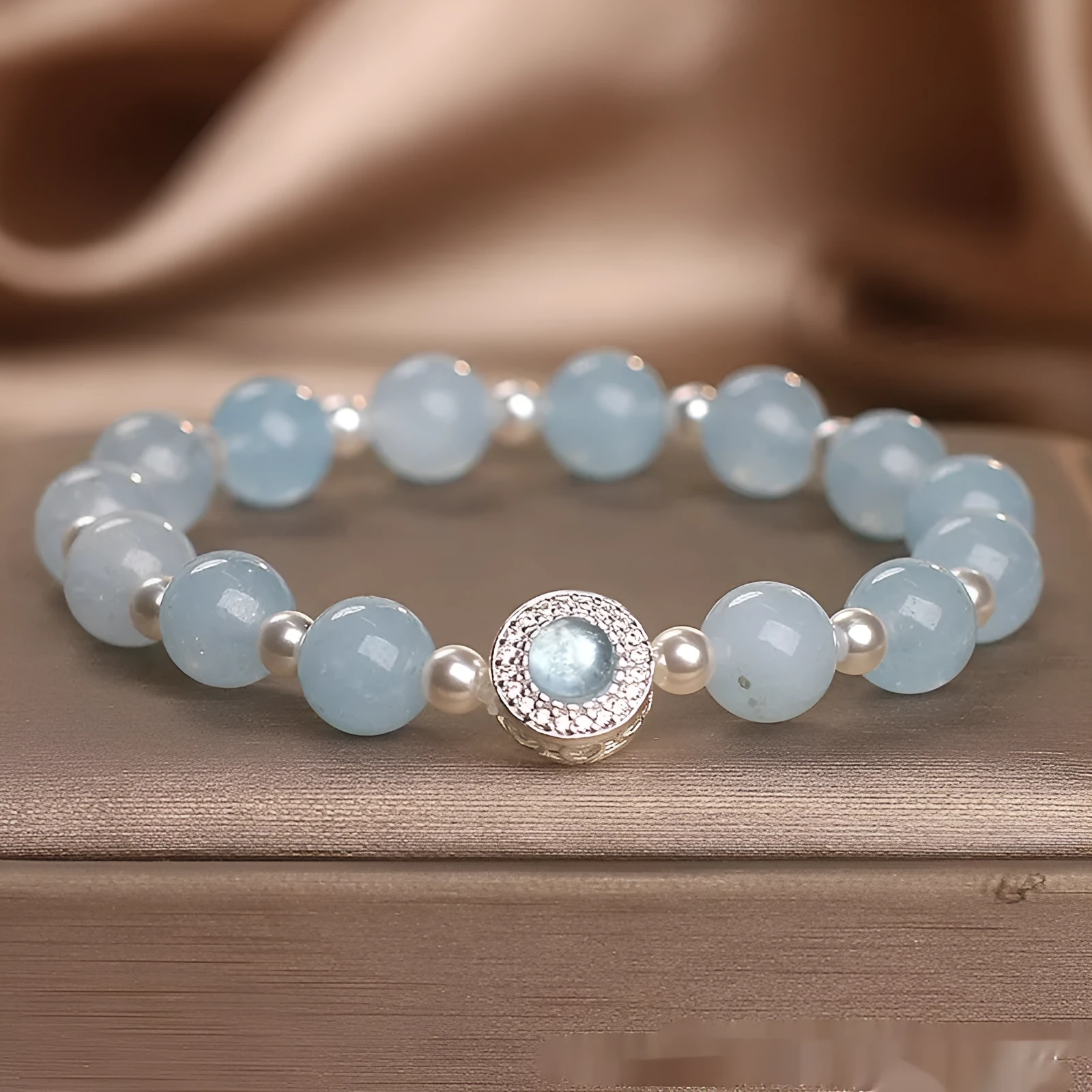 Natural aquamarine crystal bracelet for women in sky blue with original design