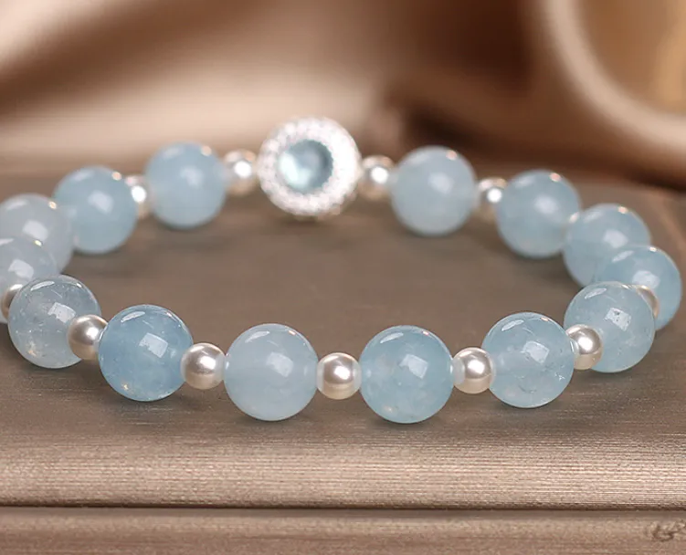 Natural aquamarine crystal bracelet for women in sky blue with original design