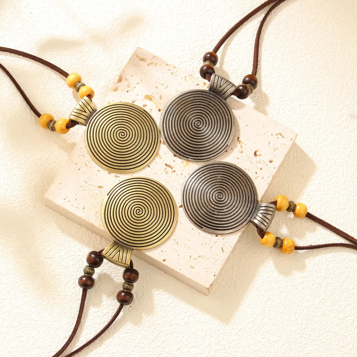 Alloy cowhide string ethnic pendant necklace with geometric auspicious pattern, 20CM drop, unisex Chinese style, bronze coffee beads