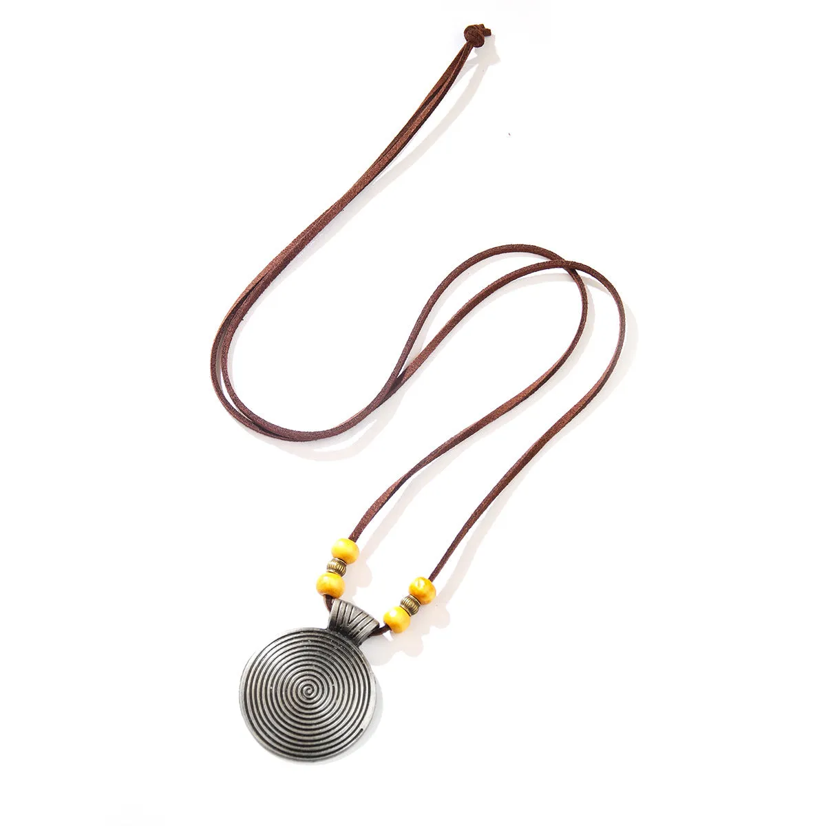 Alloy cowhide string ethnic pendant necklace with geometric auspicious pattern, 20CM drop, unisex Chinese style, bronze coffee beads
