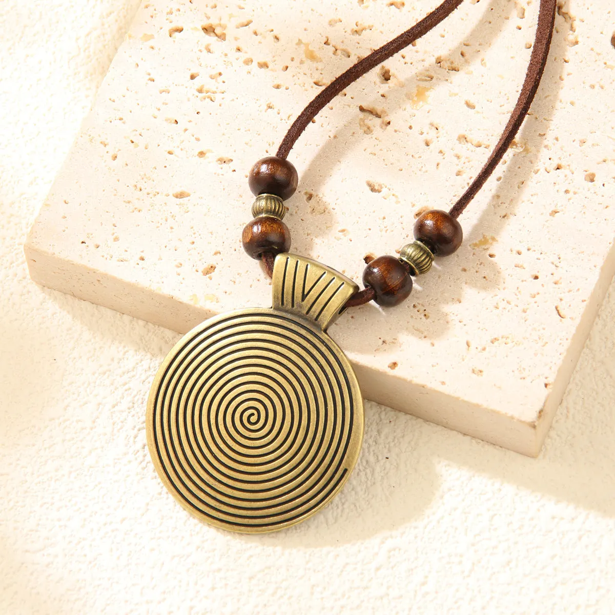 Alloy cowhide string ethnic pendant necklace with geometric auspicious pattern, 20CM drop, unisex Chinese style, bronze coffee beads
