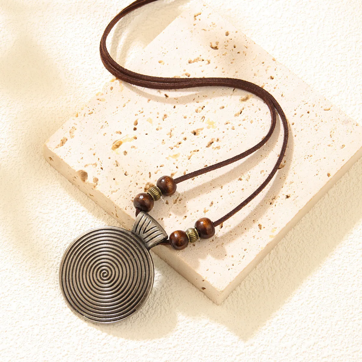 Alloy cowhide string ethnic pendant necklace with geometric auspicious pattern, 20CM drop, unisex Chinese style, bronze coffee beads