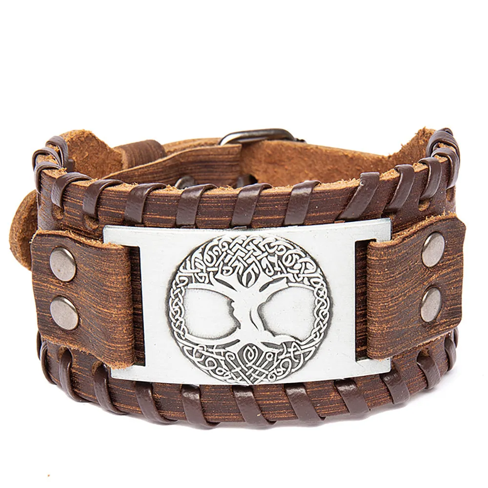 Men's alloy lucky tree pendant width leather bracelet in brown ancient red finish on a white background