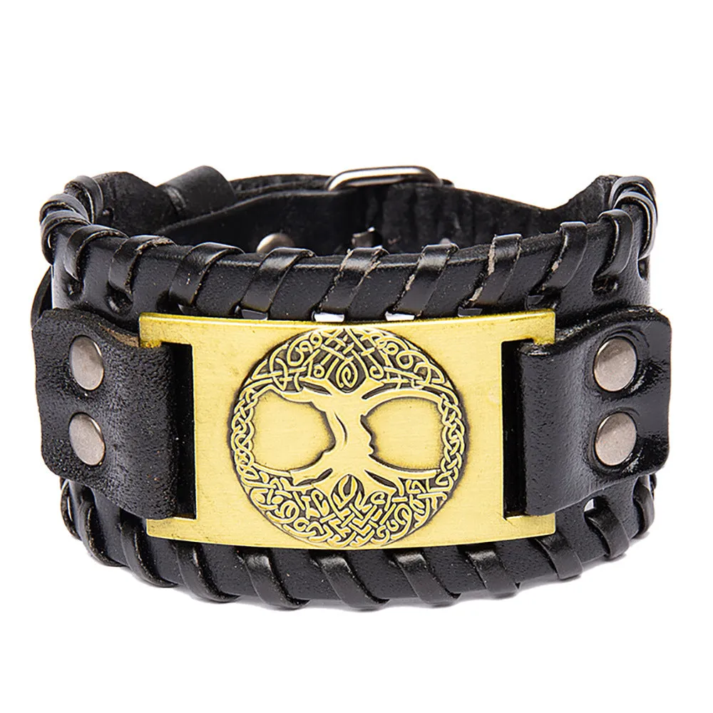 Men's alloy lucky tree pendant width leather bracelet in brown ancient red finish on a white background