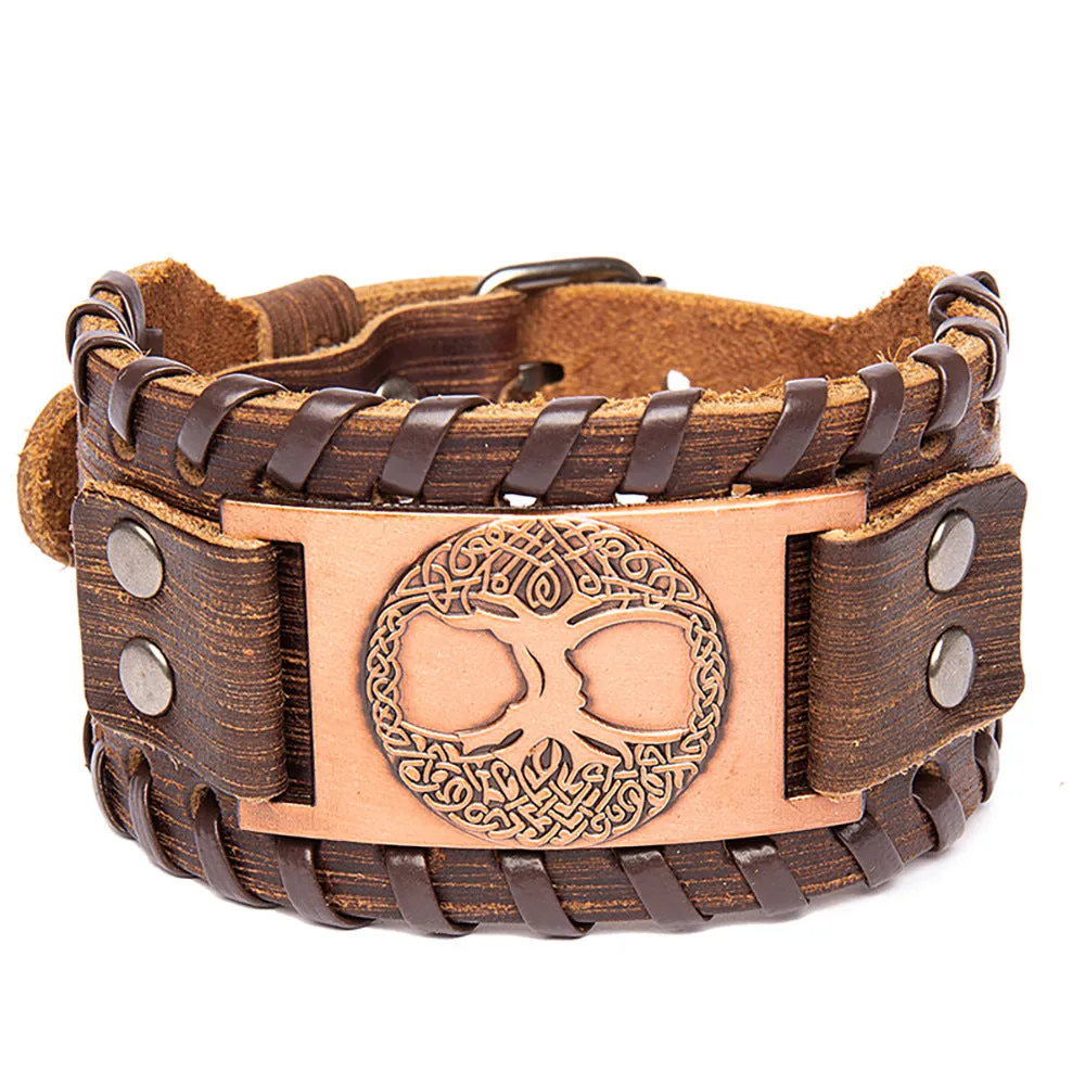 Men's alloy lucky tree pendant width leather bracelet in brown ancient red finish on a white background
