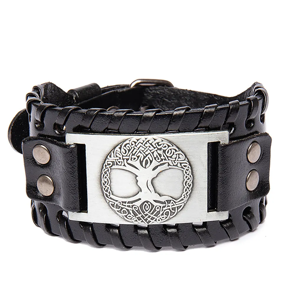 Men's alloy lucky tree pendant width leather bracelet in brown ancient red finish on a white background